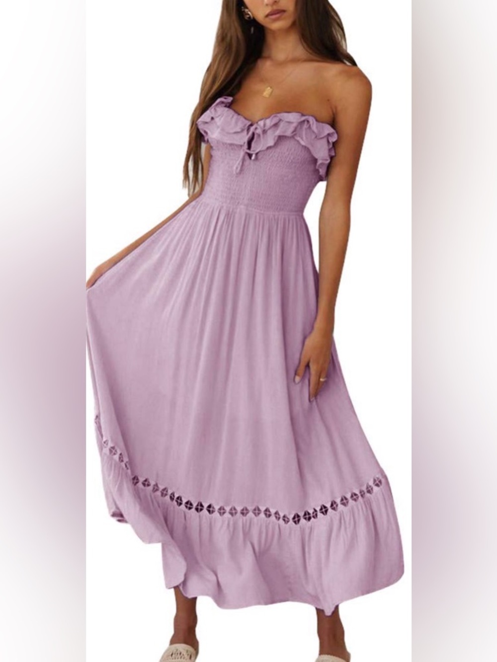 Saukole Boho Midi Dress Purple tie neck Smocked Tiered Ruffle Size M NWT